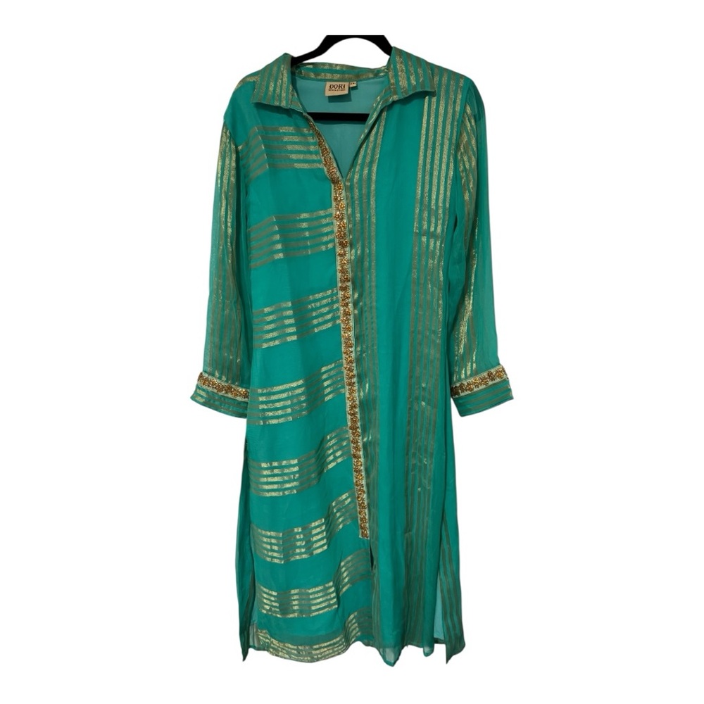 DORI Design Studio Sheer Turquoise & Gold Embellished Tunic Dress XXL